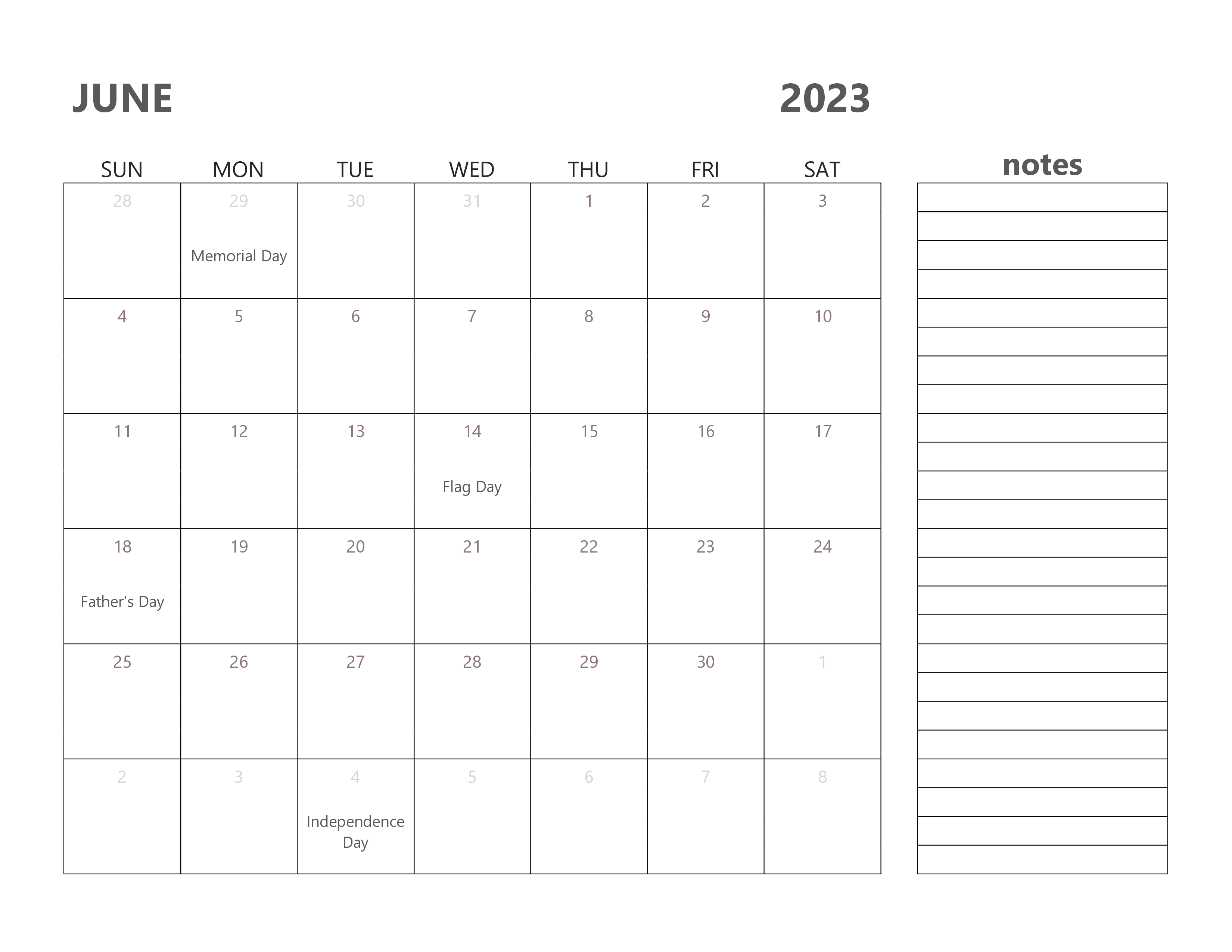 Editable June 2023 Calendar with Holidays and Notes