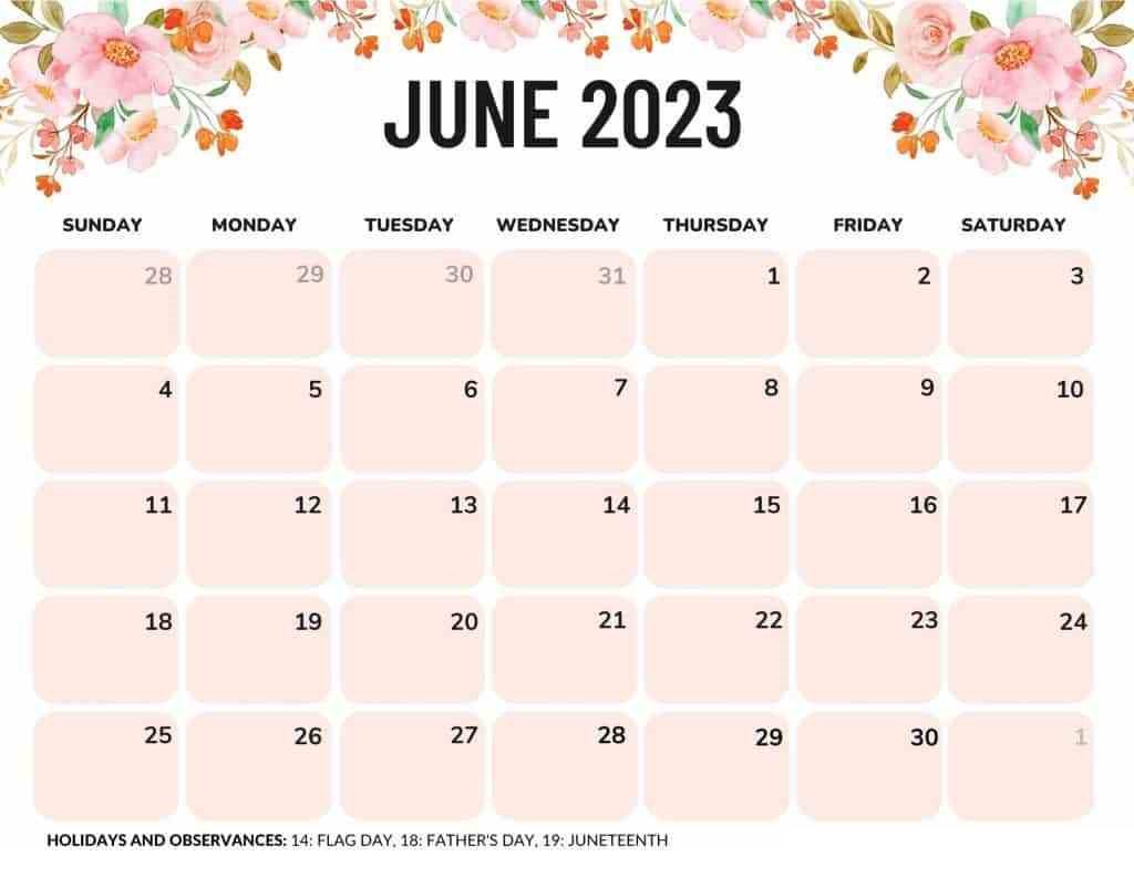 Floral June 2023 Calendar Cute