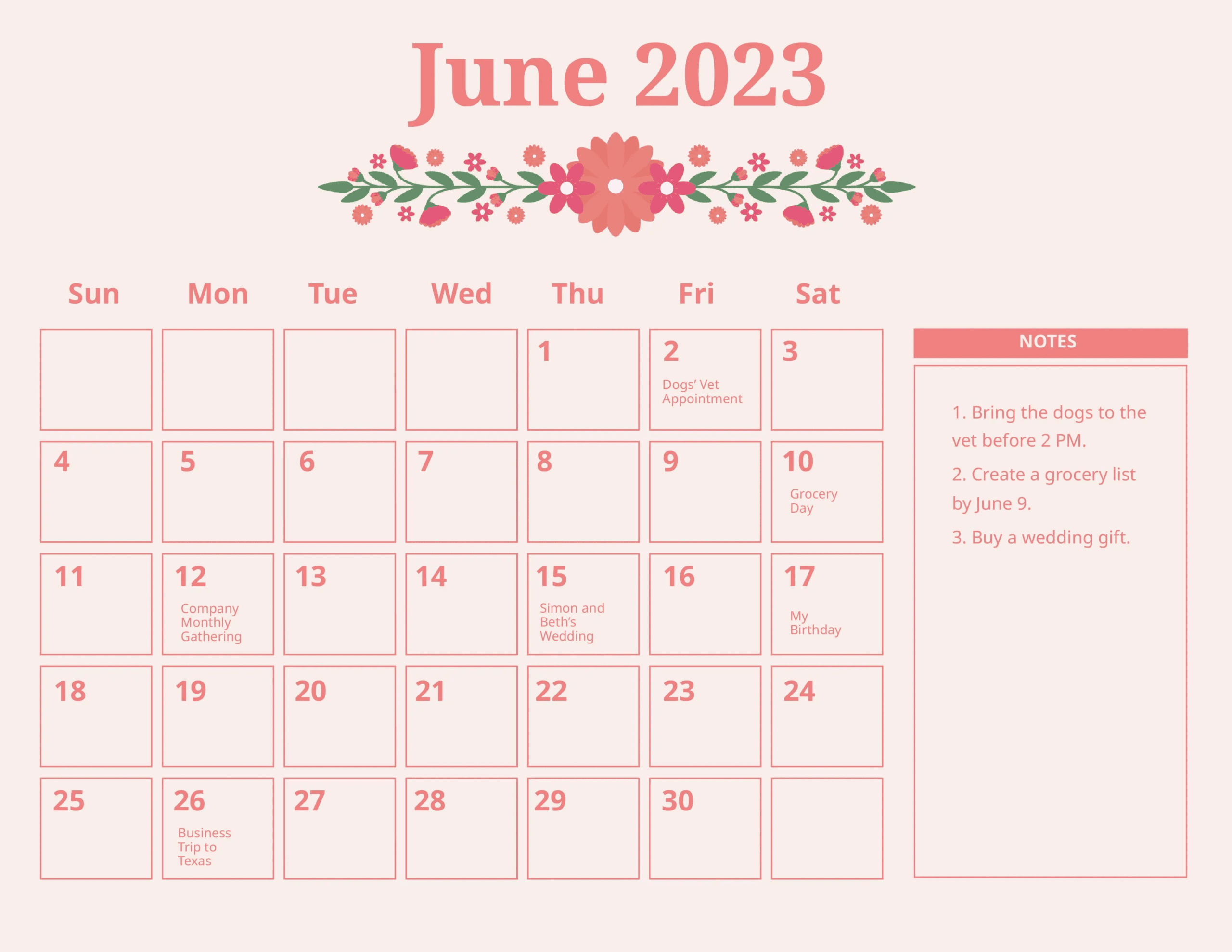 Floral June 2023 Calendar Editable Template