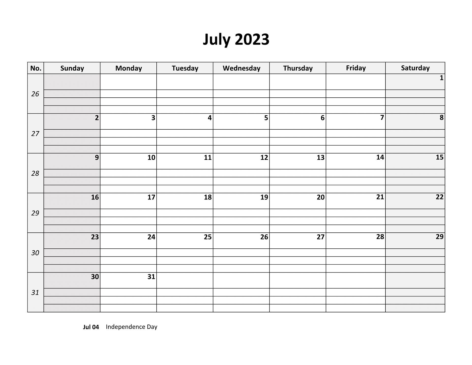 July 2023 Calendar Word Doc