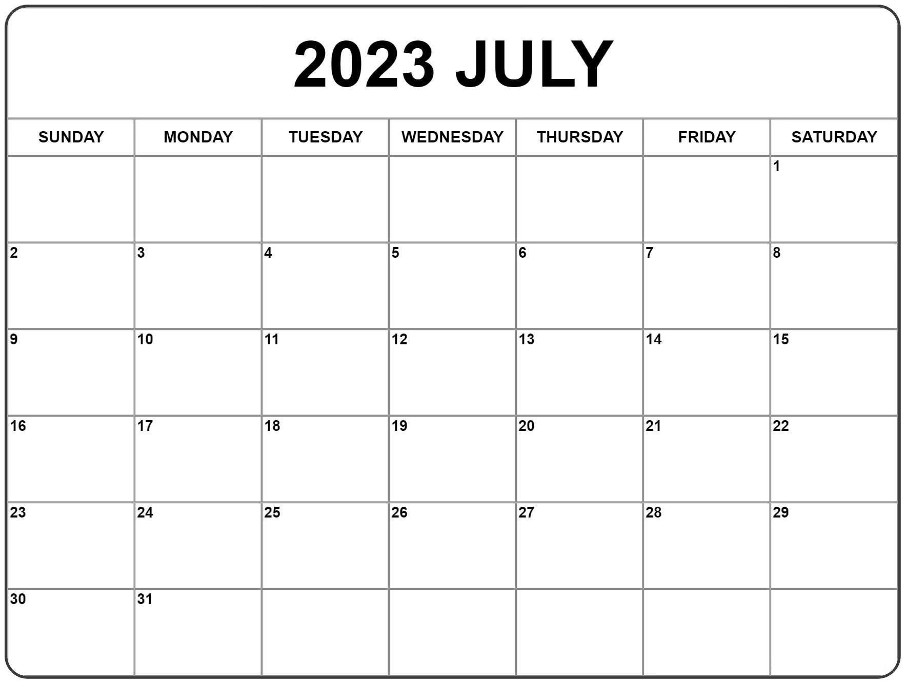 July 2023 calendar template in excel