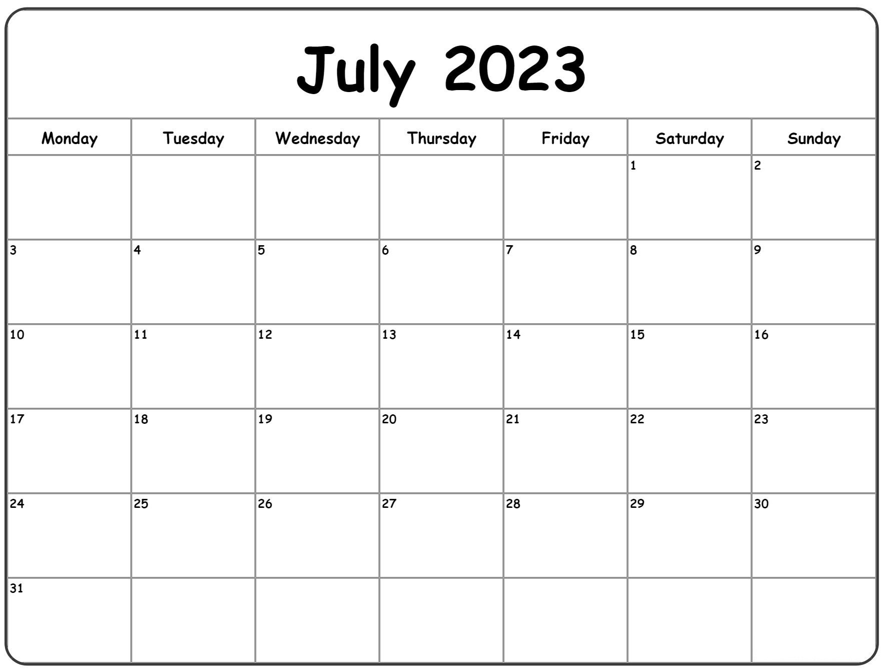 July 2023 word calendar download