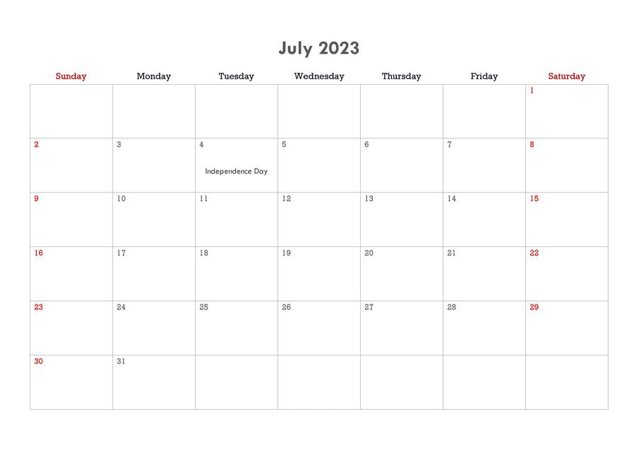 July Calendar 2023 Word Format