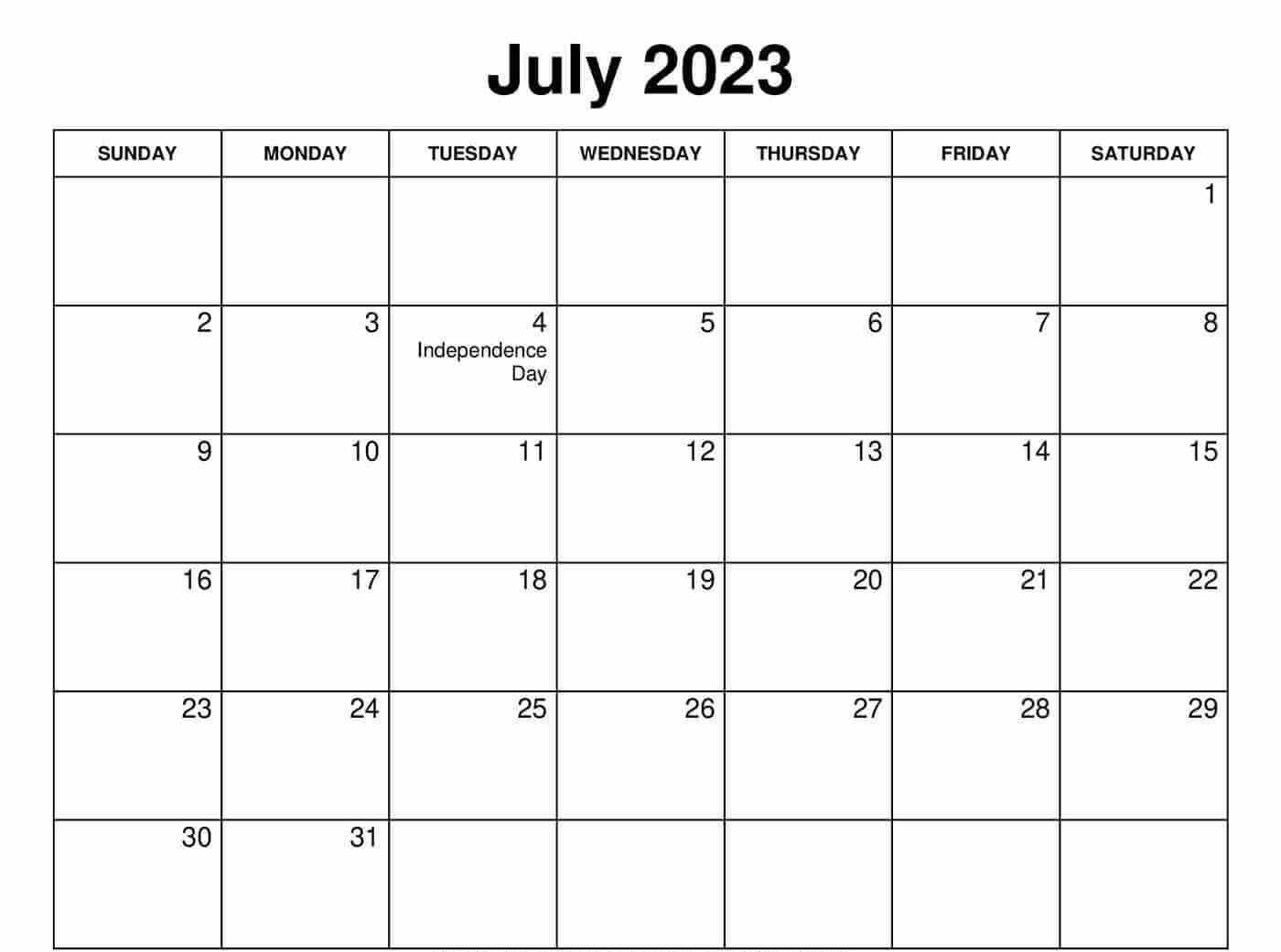 July calendar 2023 excel calendar