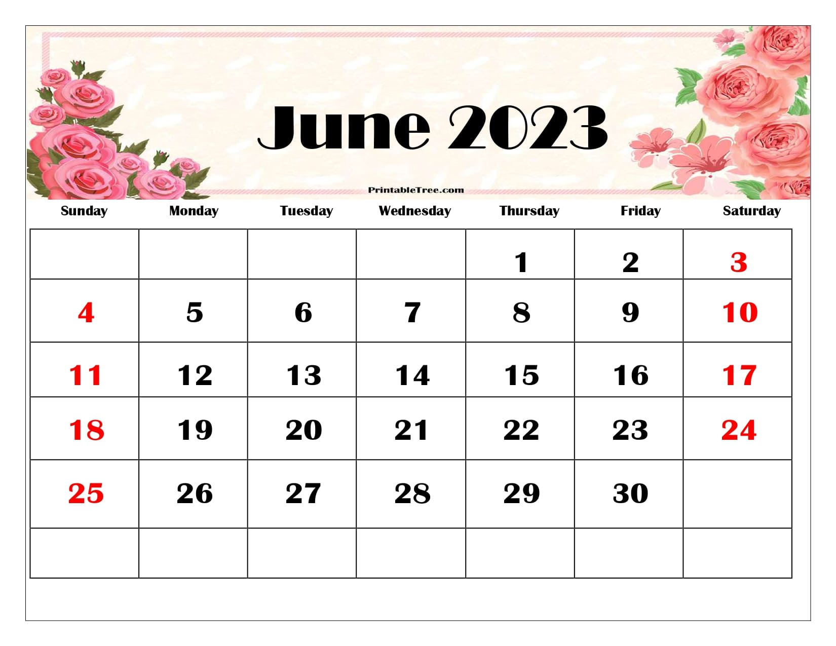 June 2023 Floral Calendar Printable