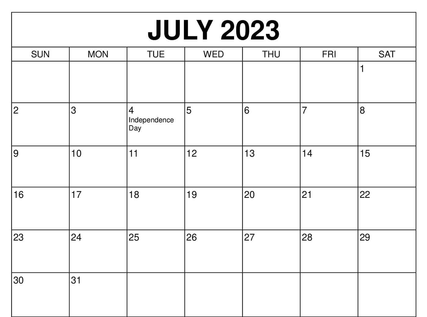 July 2023 Monthly Calendar Excel