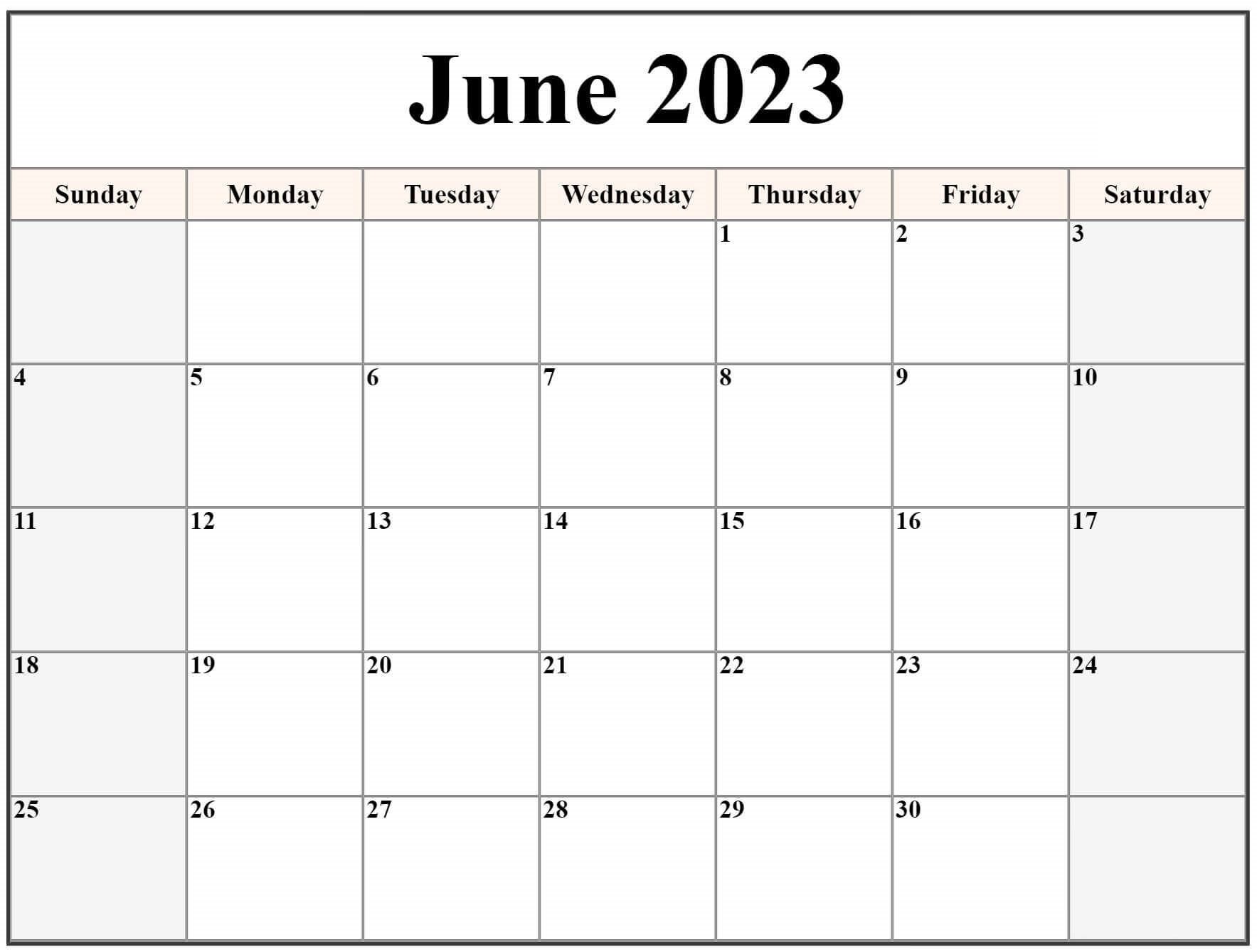 June Calendar 2023 Word Template