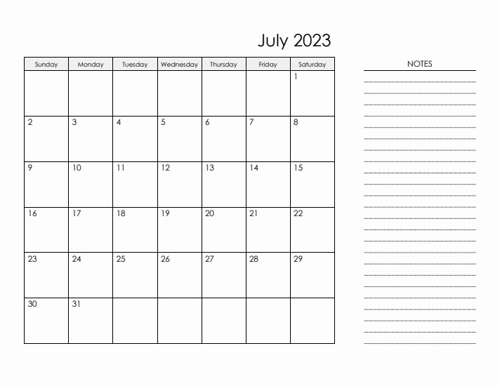 Printable Calendar for July 2023 Word