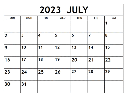 Printable July 2023 calendar excel