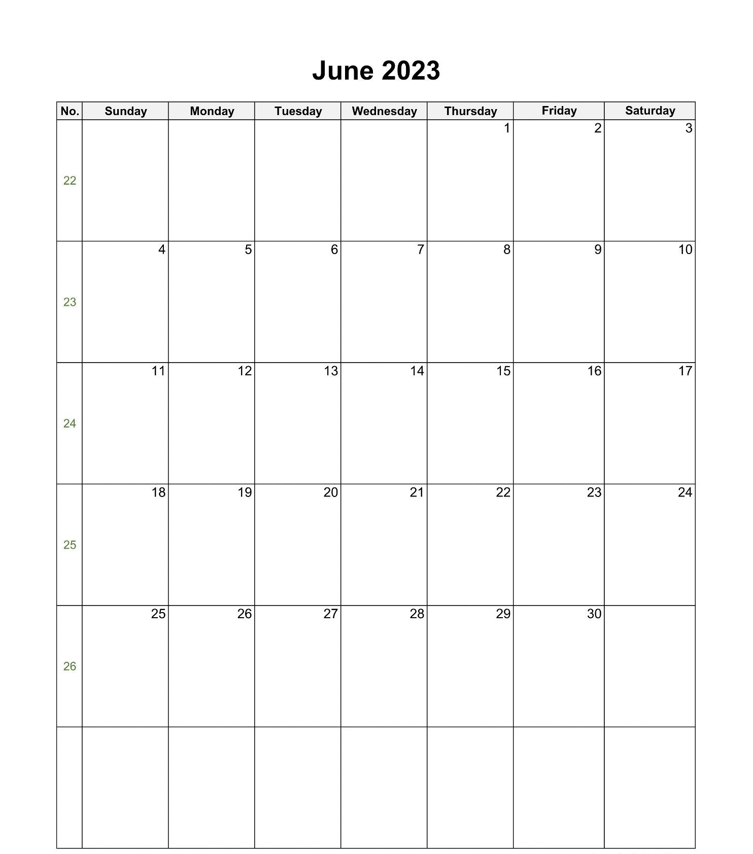 Printable June 2023 Calendar Excel