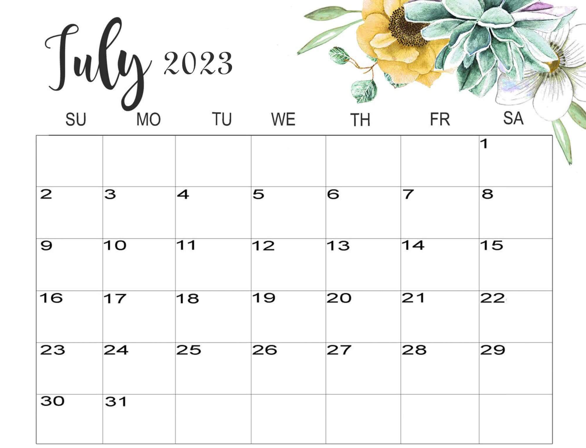 Cute July 2023 Calendar Floral Designs Wallpaper Free