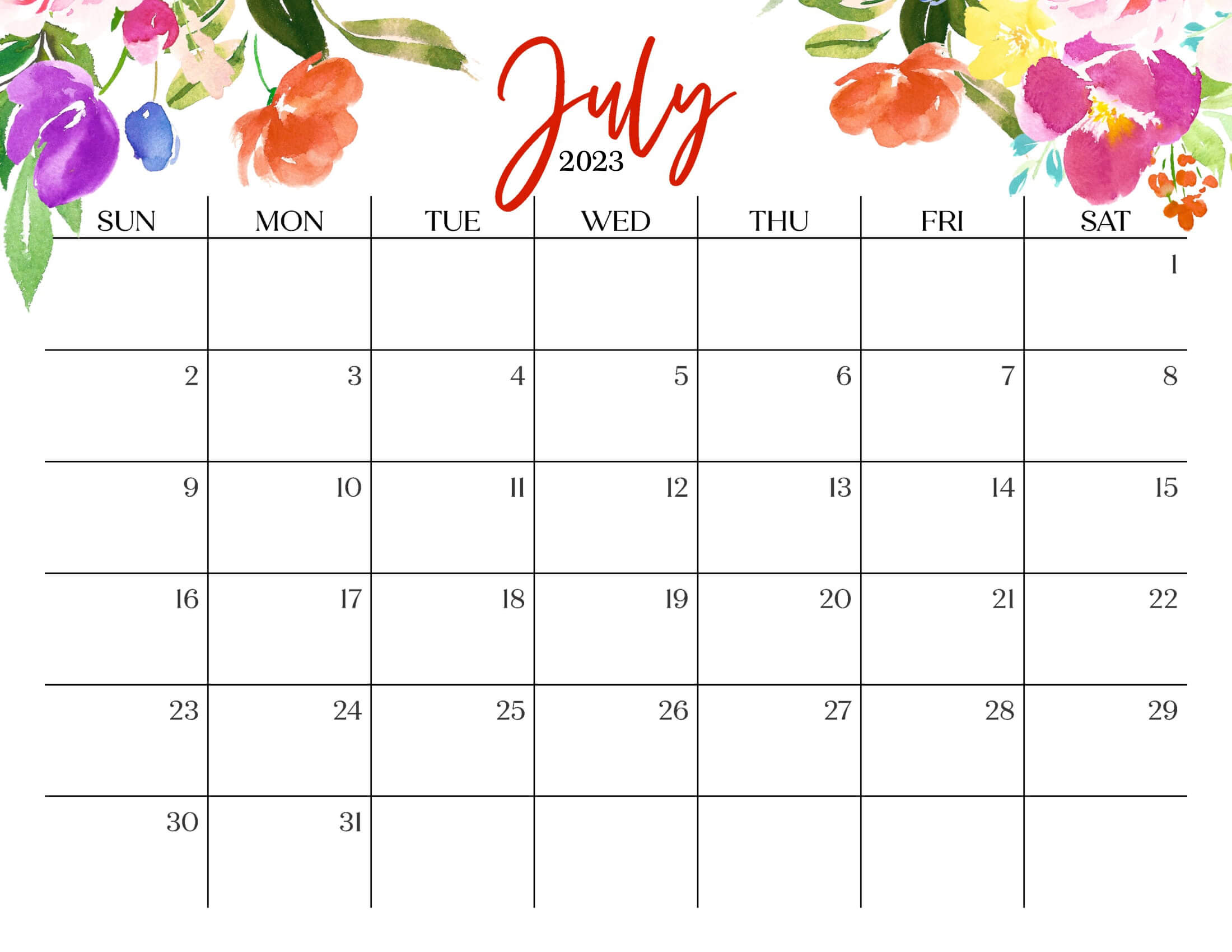 Cute July 2023 Calendar Multi Flower