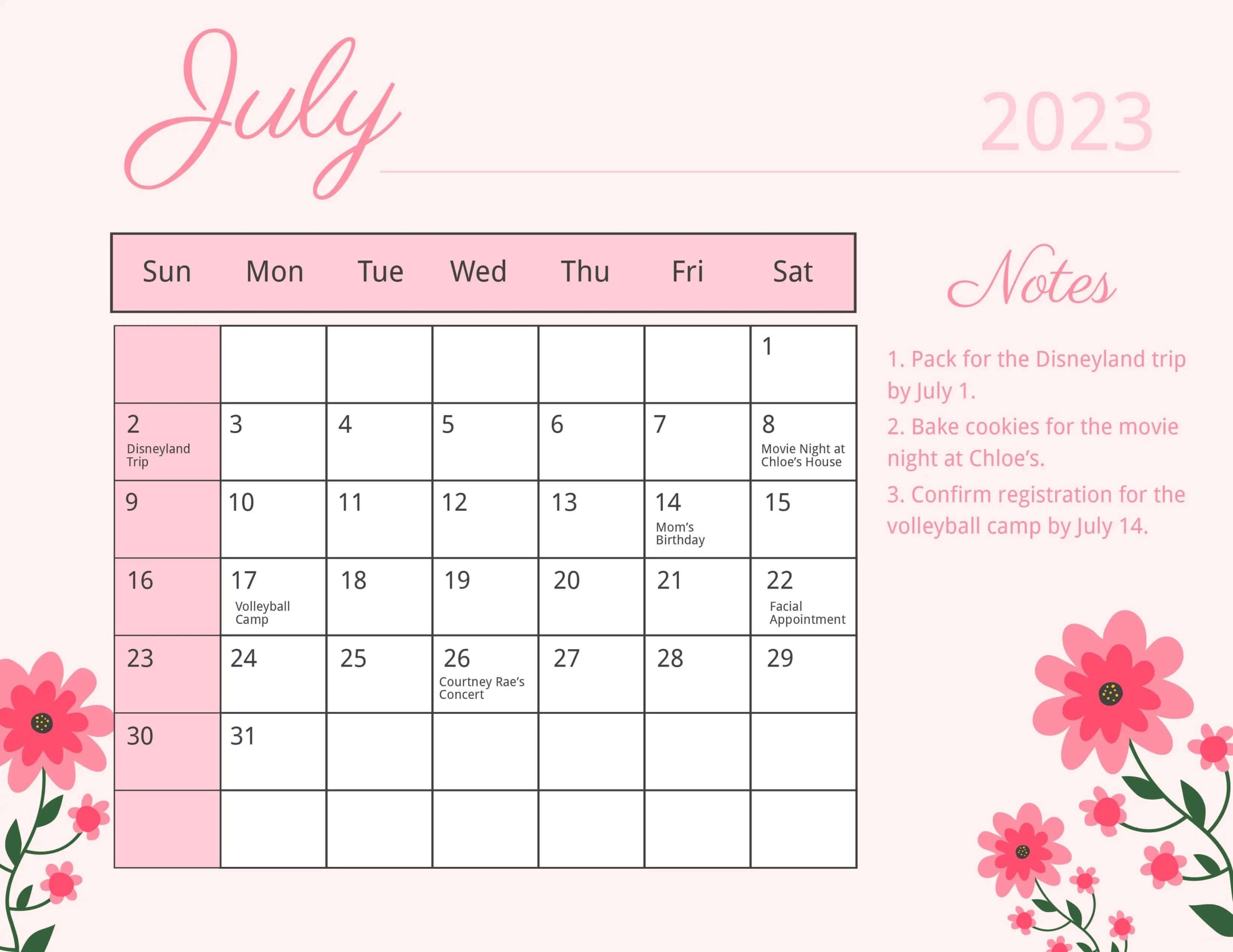 Cute July Calendar 2023 Printable Templates