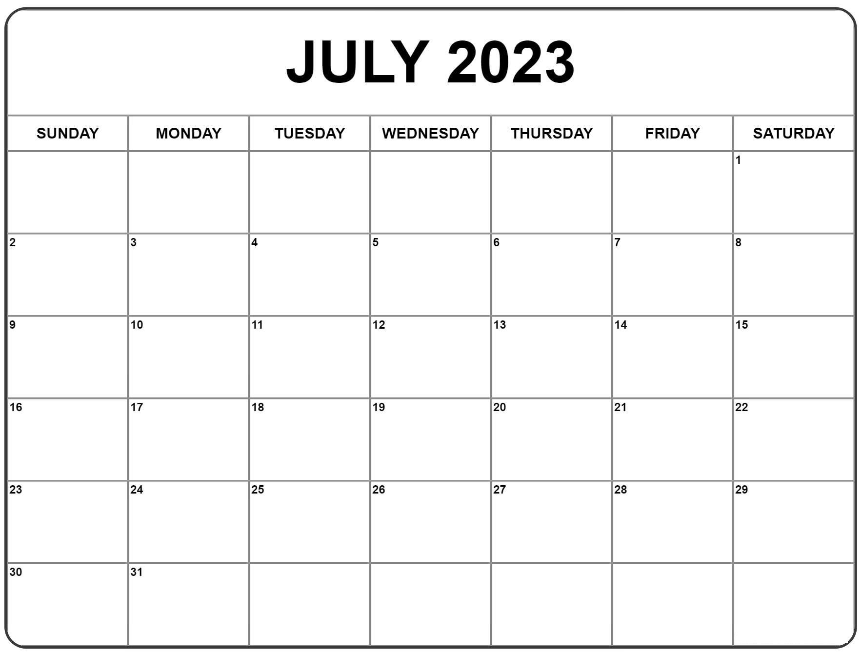 Editable July Calendar 2023 Excel
