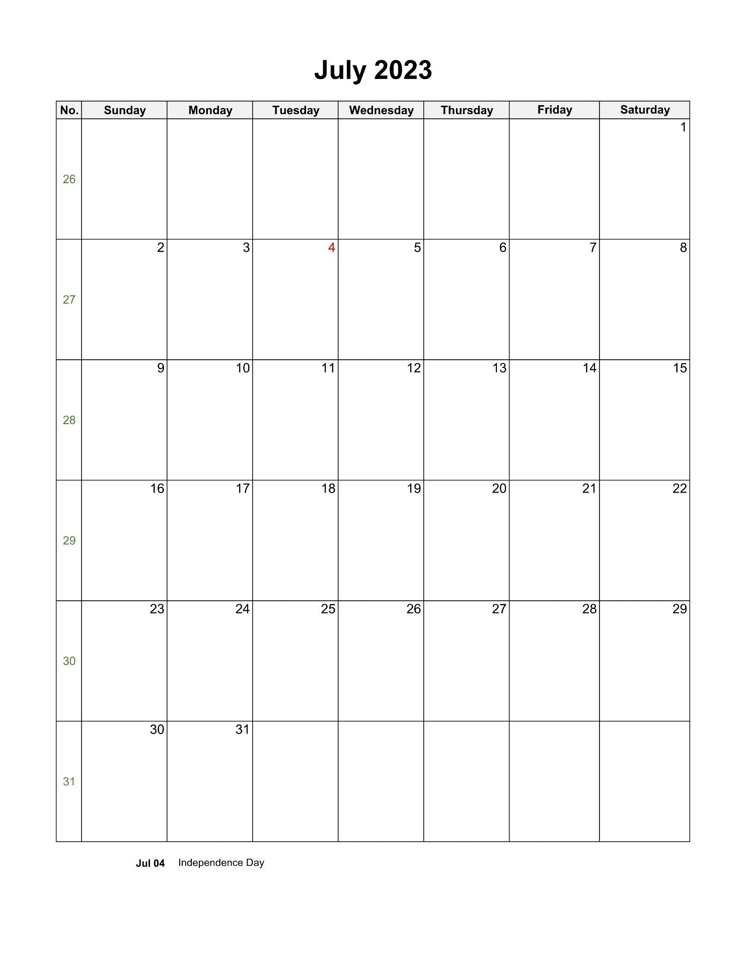 Editable July Calendar 2023 Word