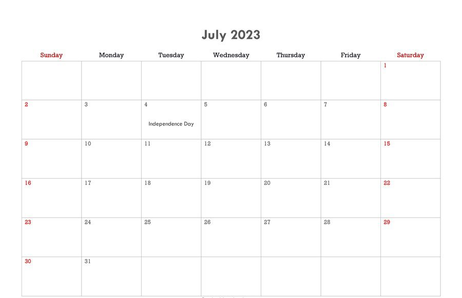 Editable calendar july 2023