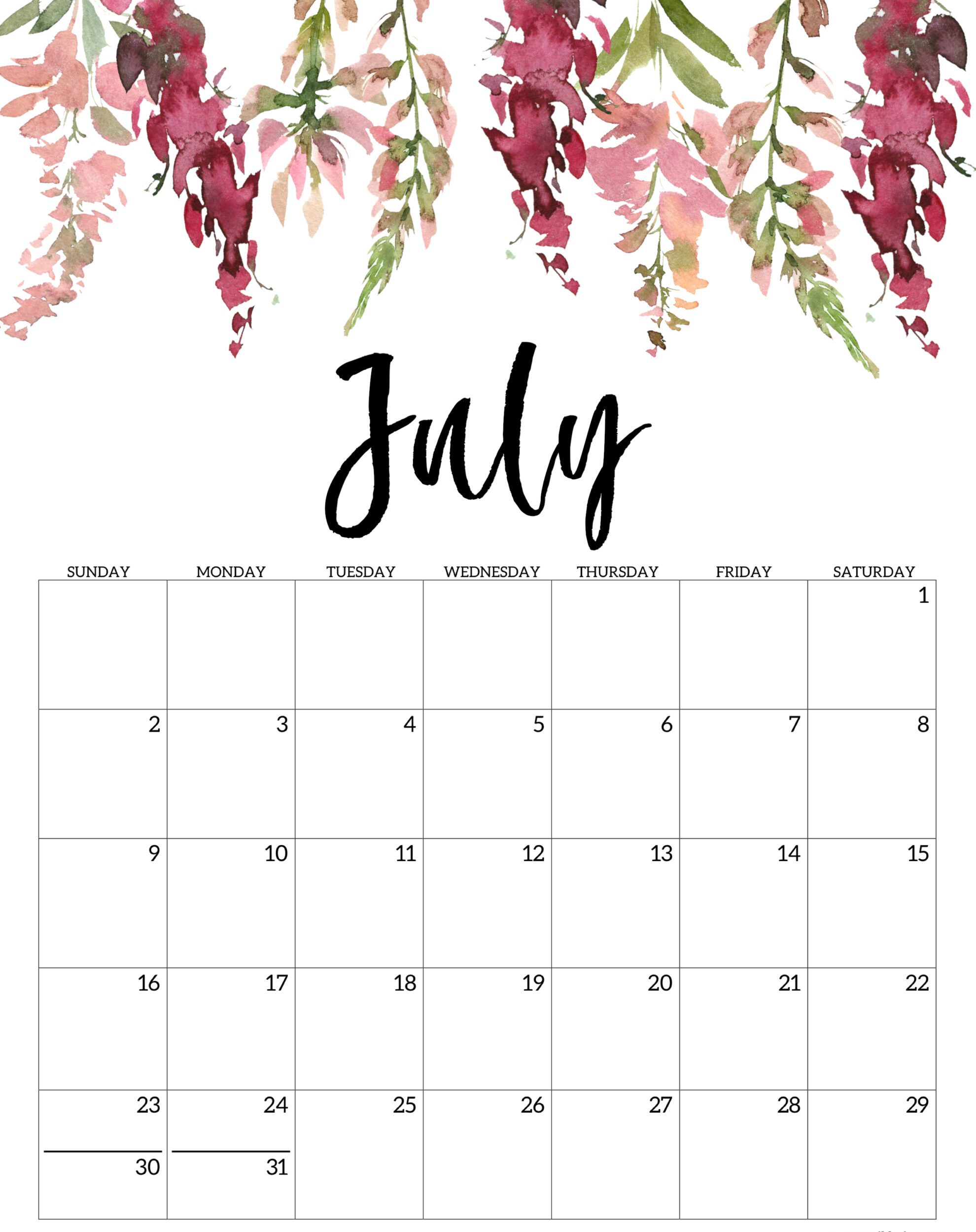 Floral July Calendar 2023 Template