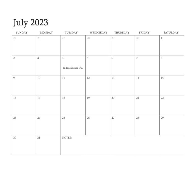 Free Editable Calendar July 2023
