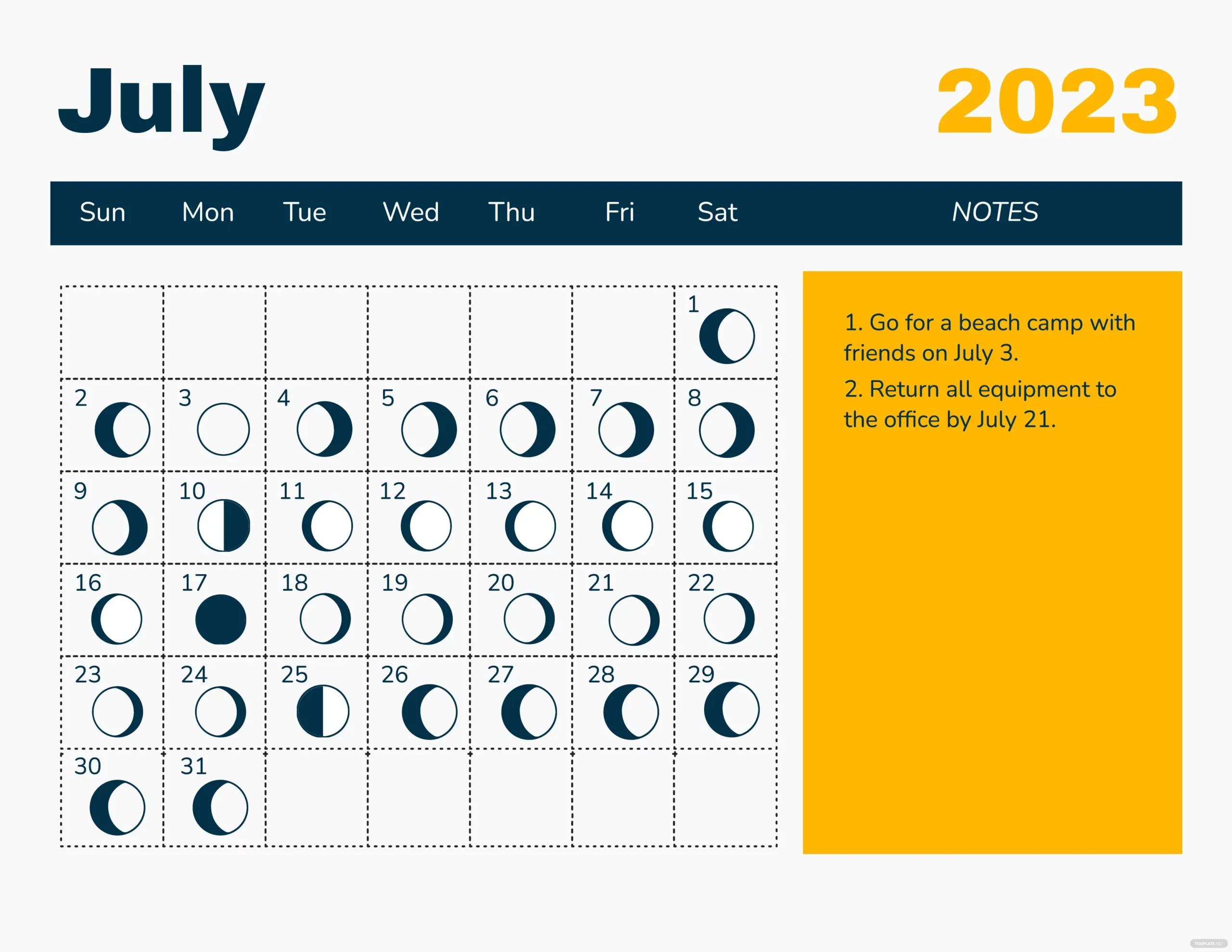 Free July 2023 Calendar Template With Moon Phases