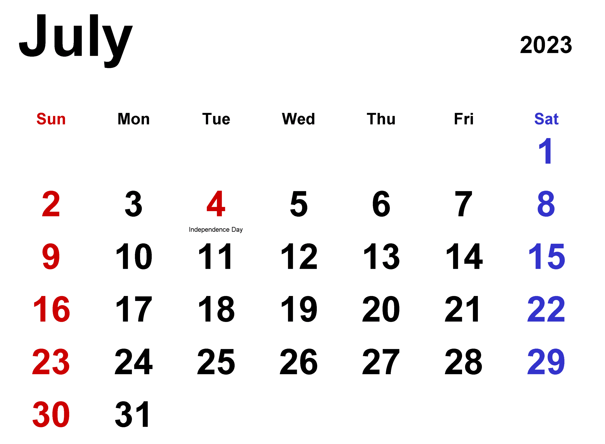 Free Printable Editable July 2023 Calendar Holidays