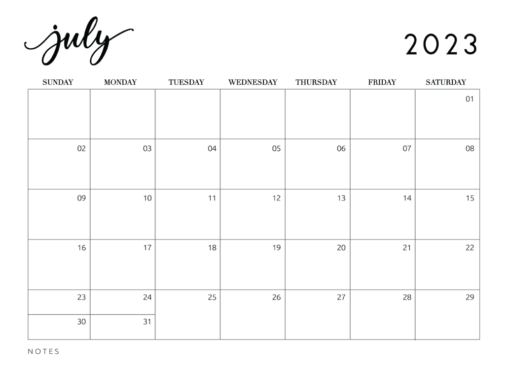 Free Printable July 2023 Calendar Editable