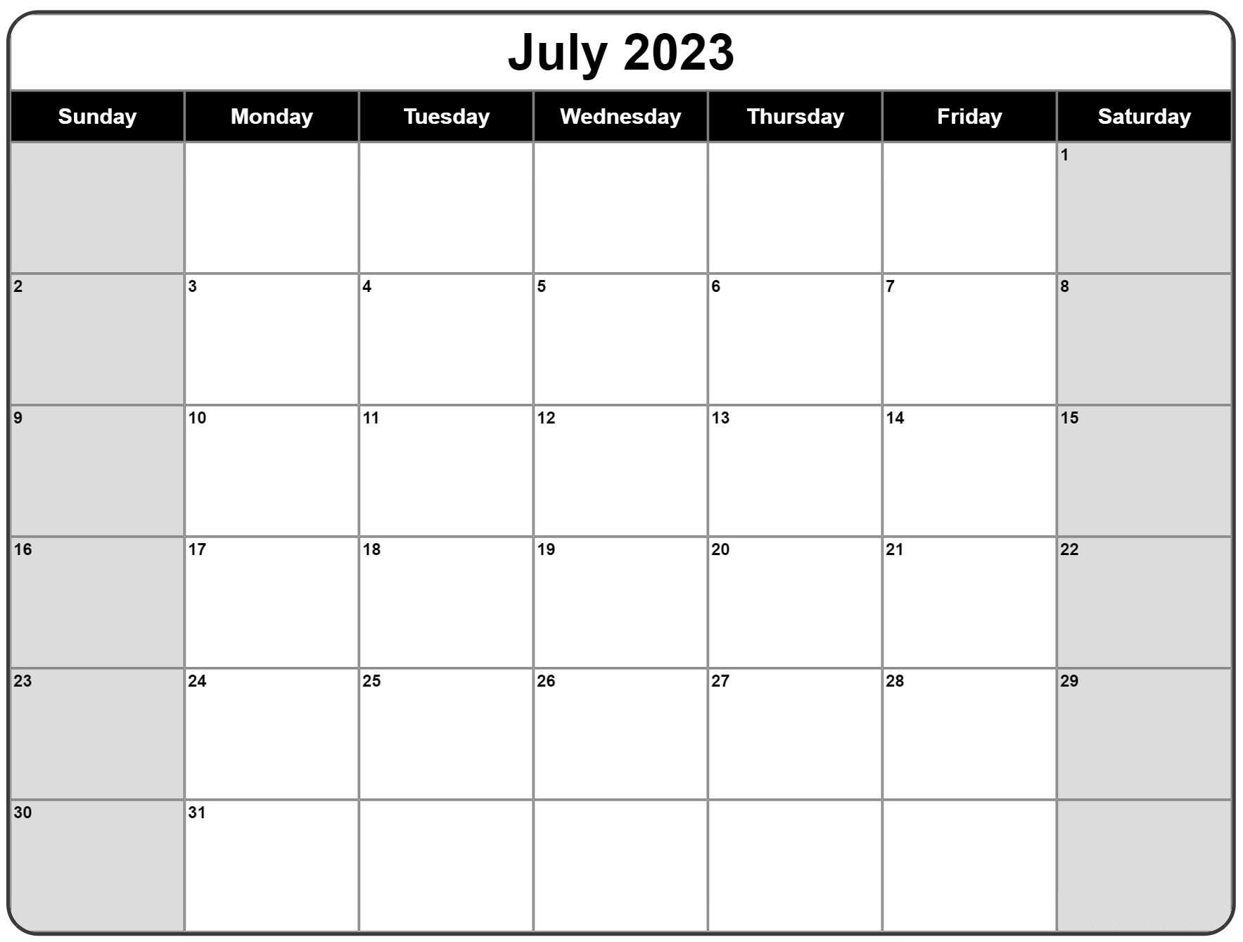 July 2023 Calendar Editable Templates