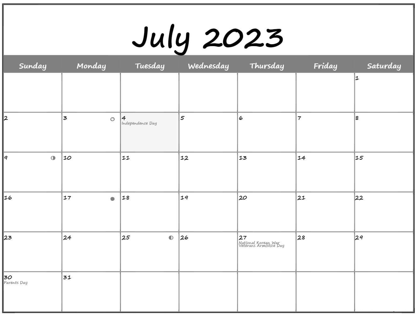 July 2023 Calendar With Moon Phases