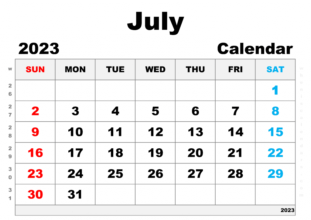 July 2023 Calendar with Week Numbers PDF