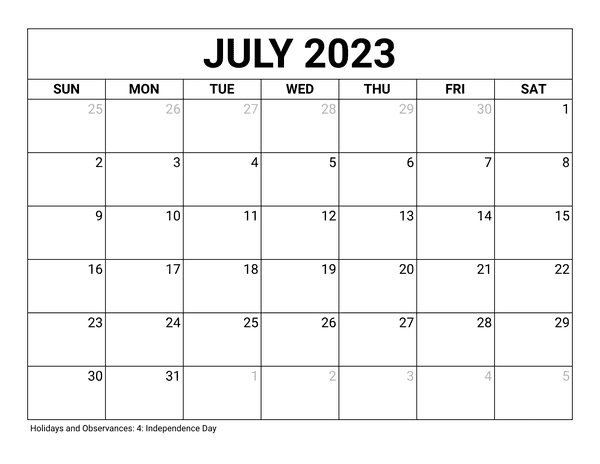 July Calendar 2023 Holidays