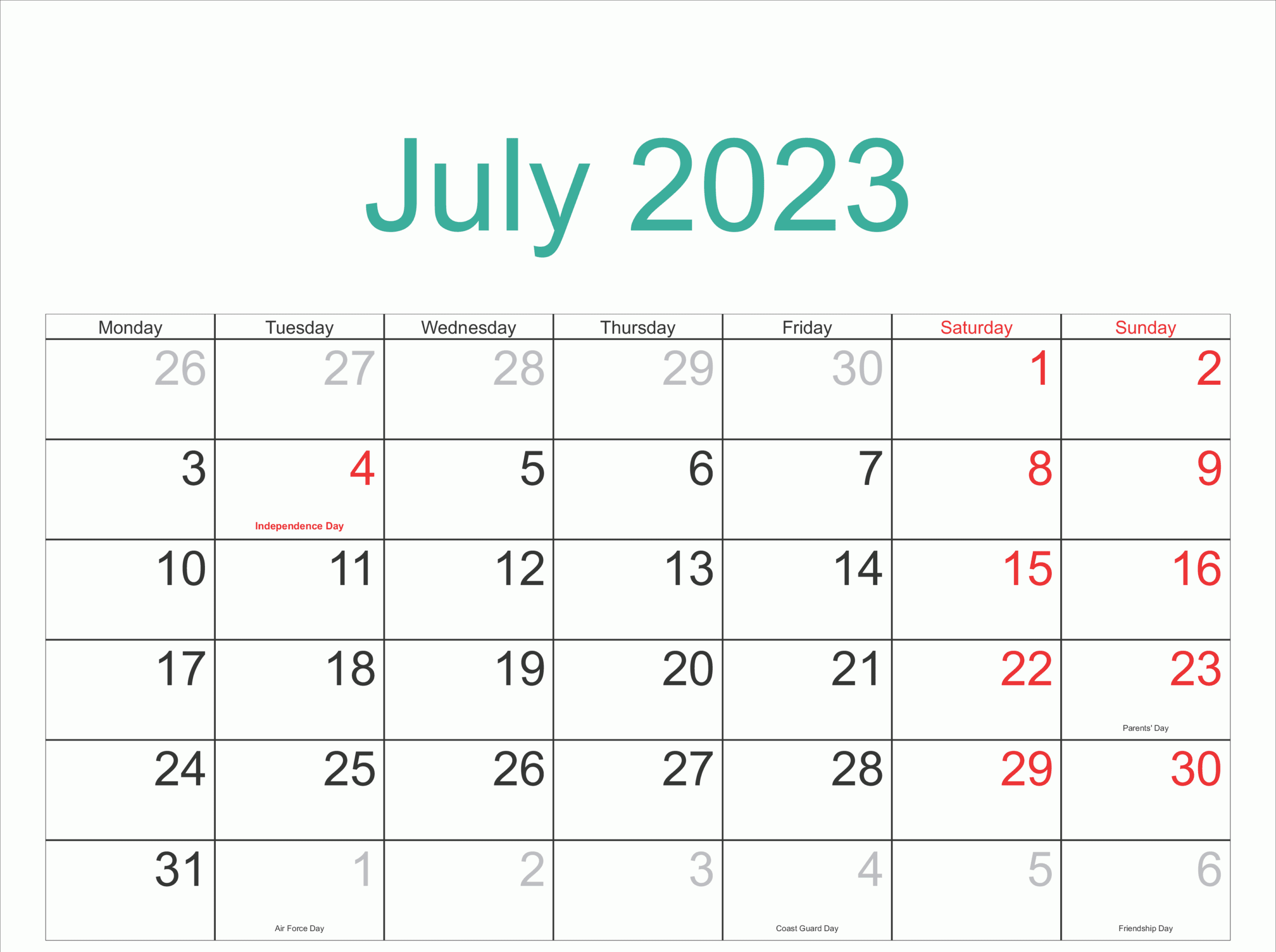 July Calendar 2023 Printable with Holidays