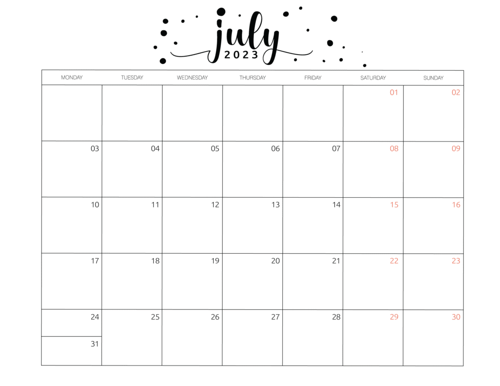 Printable July 2023 Cute Calendar