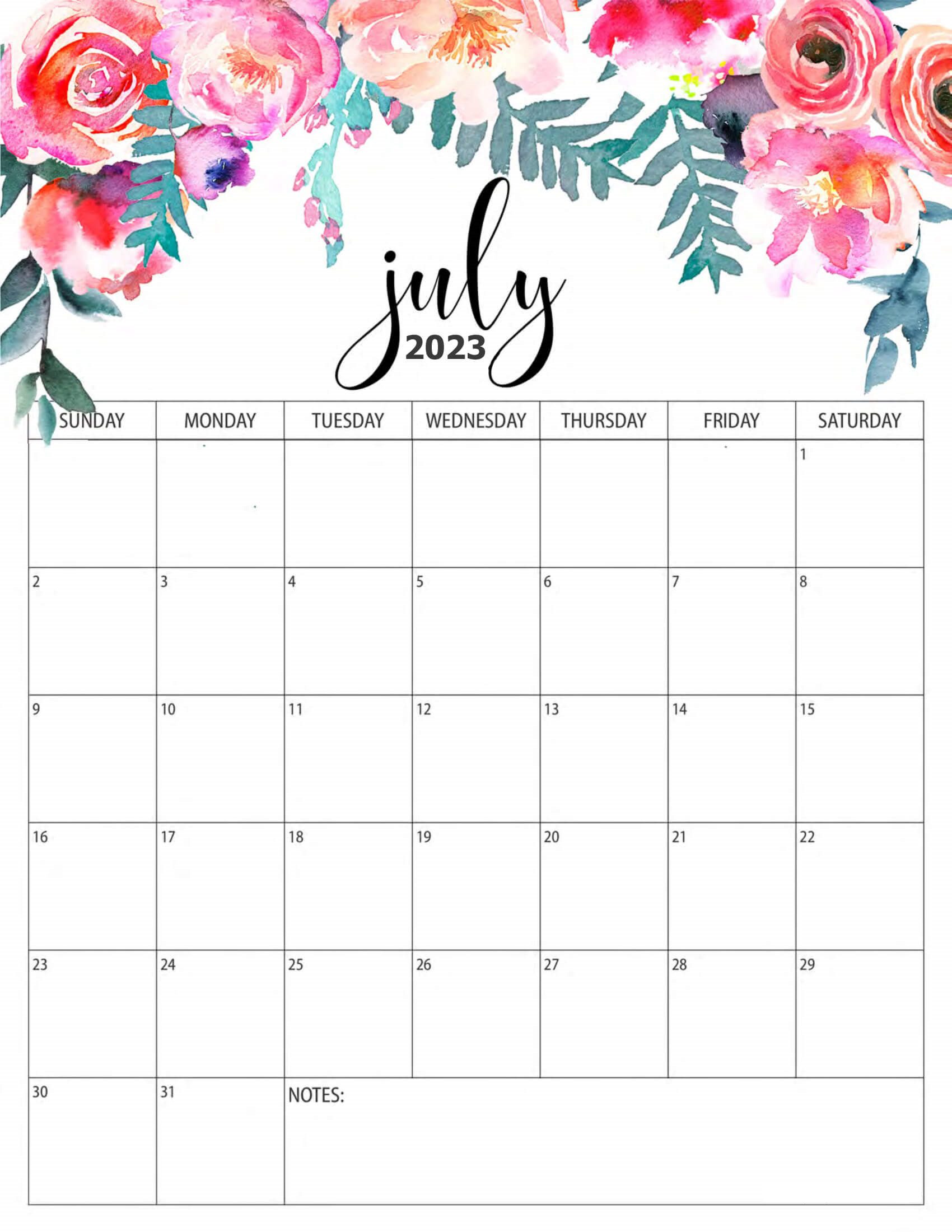 Red Roses- July 2023 Calendar with Notes