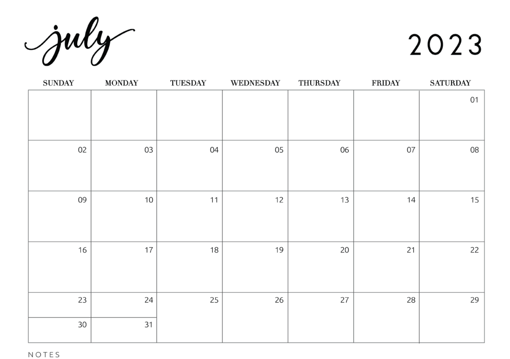 pdf calendar for July month 2023