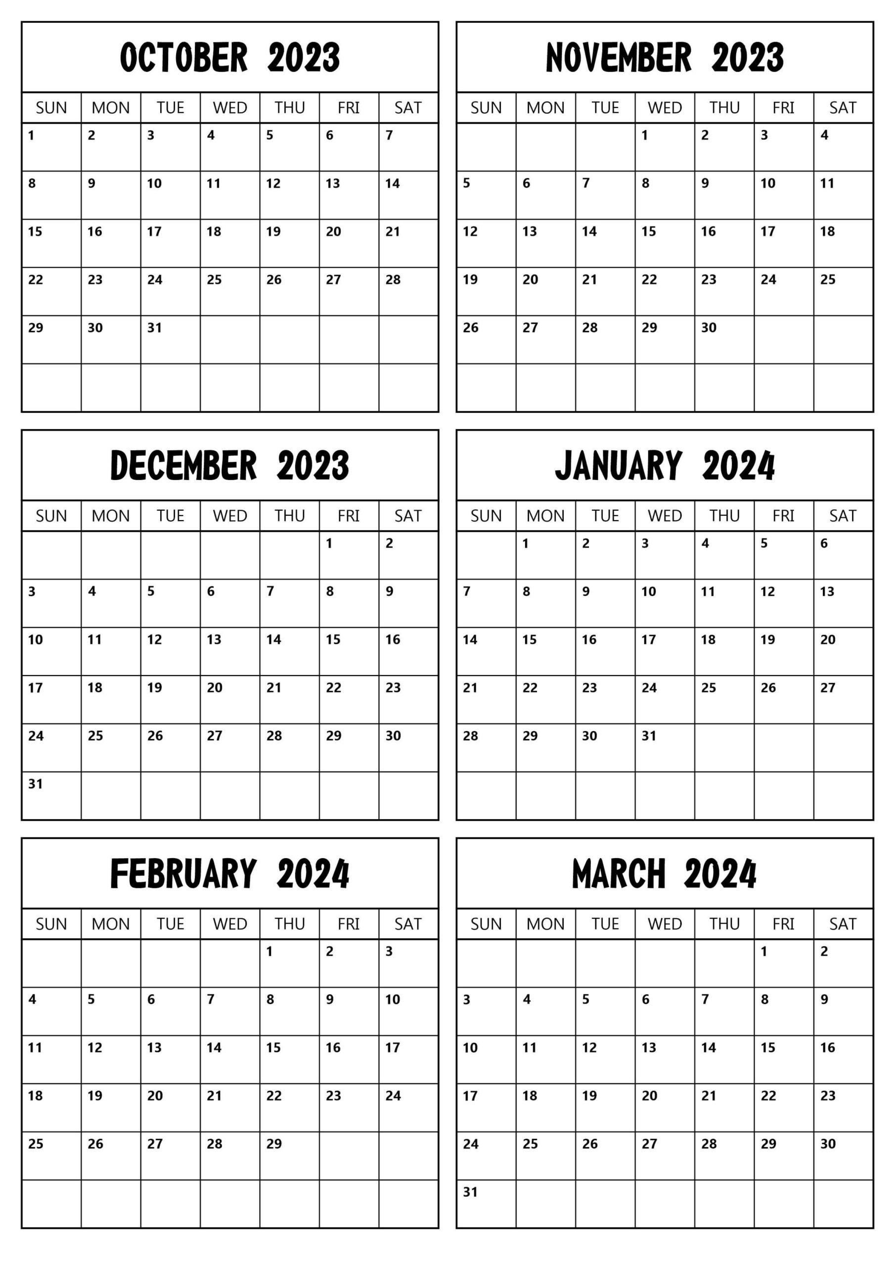 2023 October to 2024 March Calendar