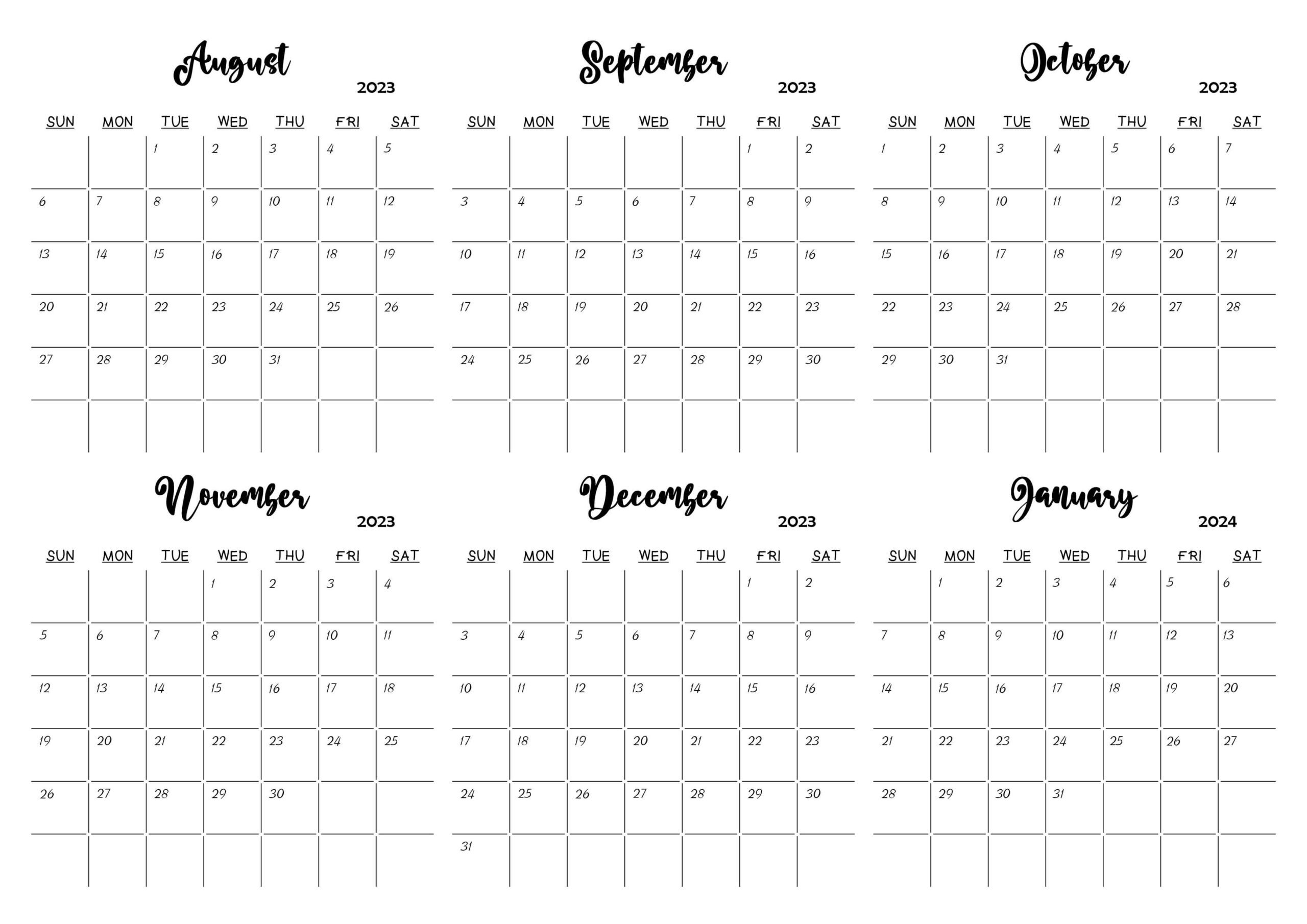 August 2023 to January 2024 Calendar