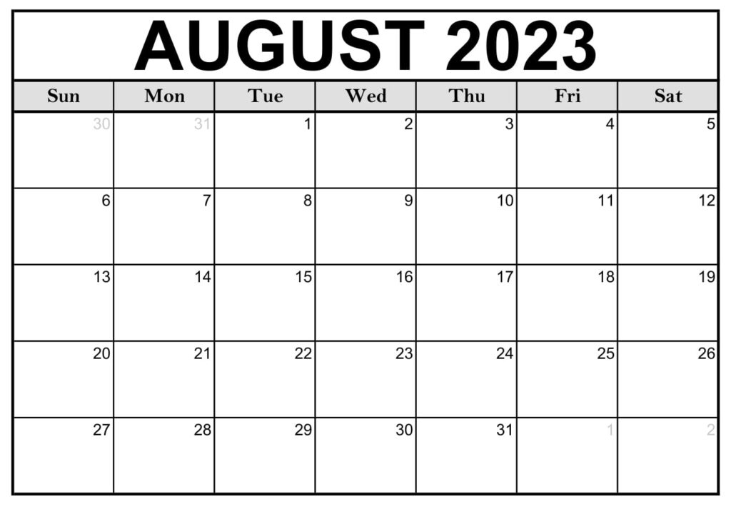 August Calendar 2023 printable template
