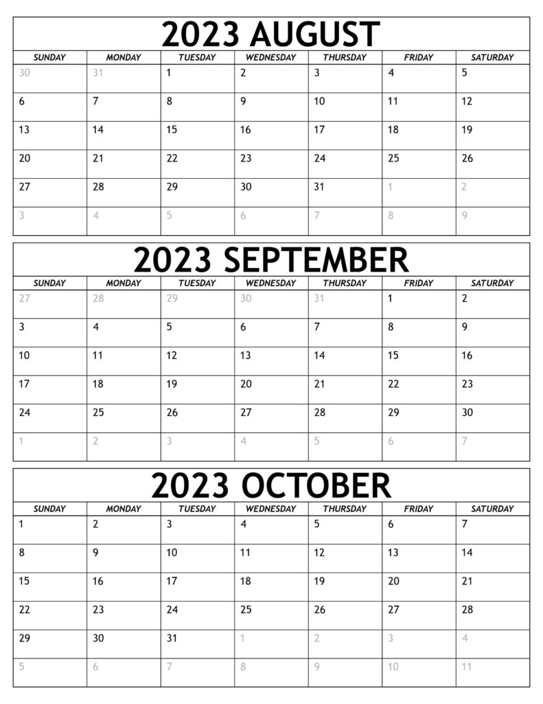 August to October 2023 Calendar Free Templates