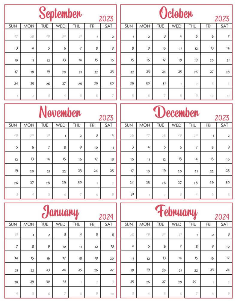 Blank 2023 September to 2024 February Calendar