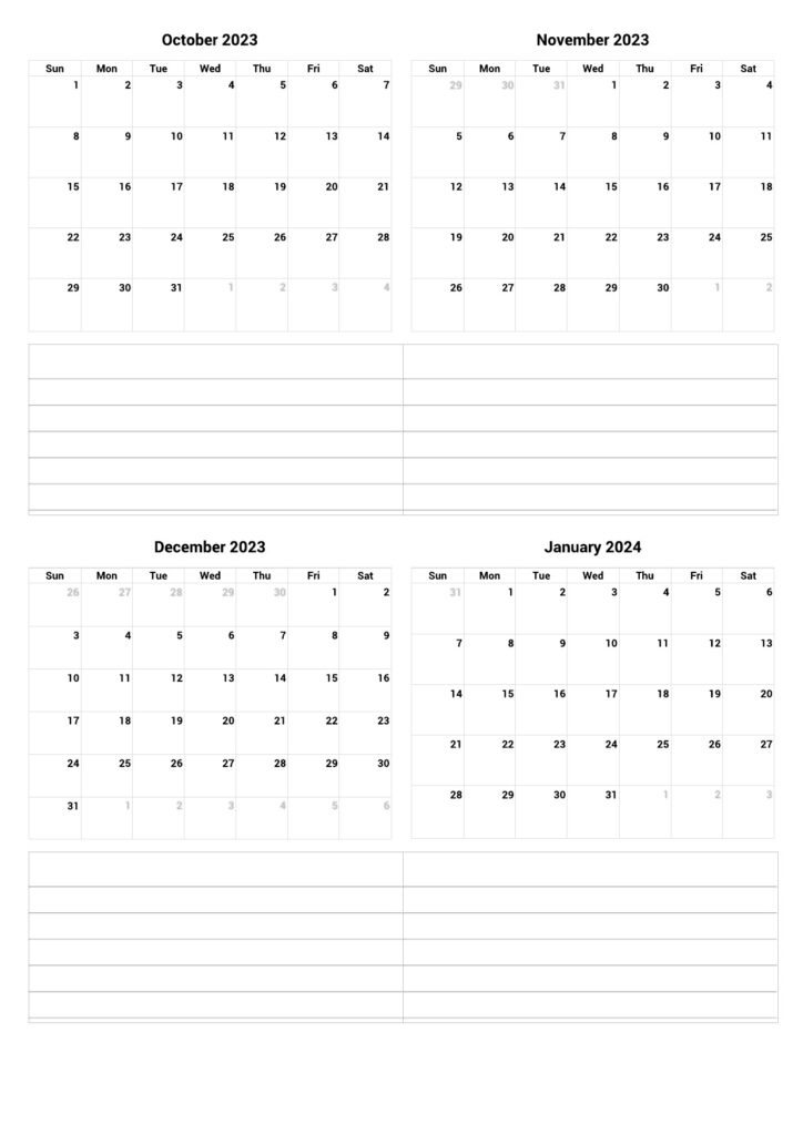 Blank Calendar October 2023 to January 2024