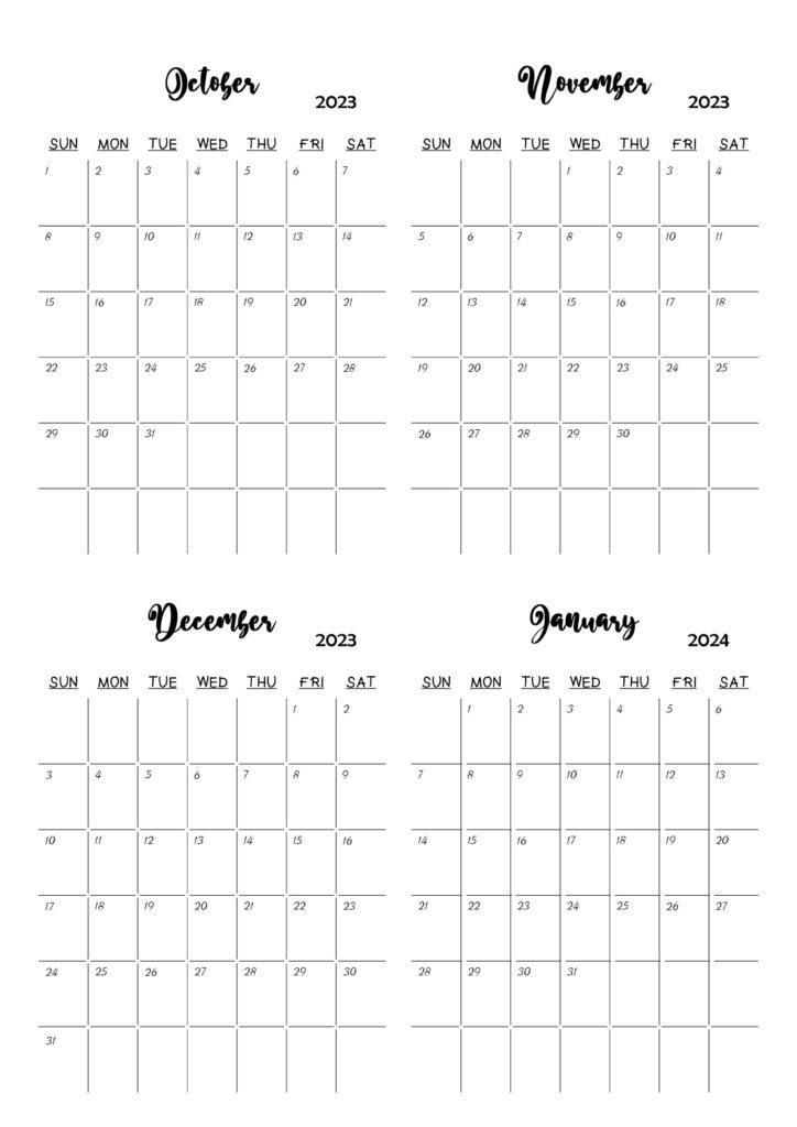 Blank Calendar October 2023 to January 2024