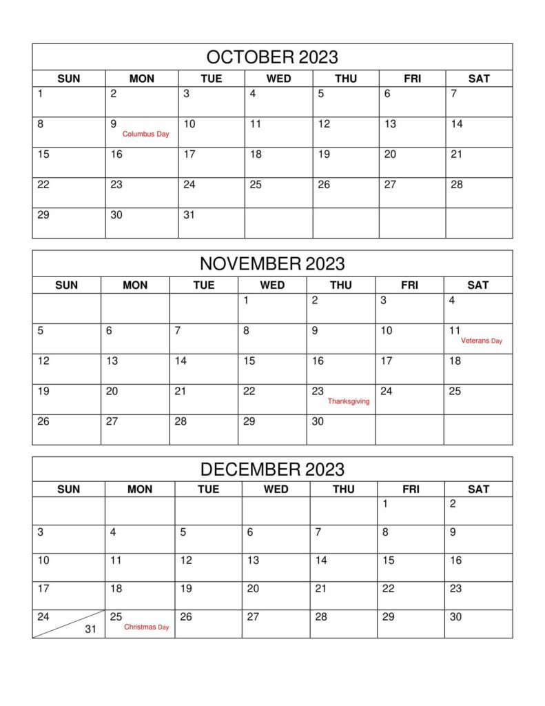Blank October to December 2023 Calendar