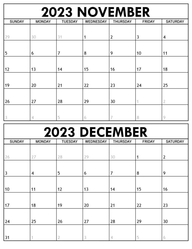 Calendar 2023 November December Pemplate