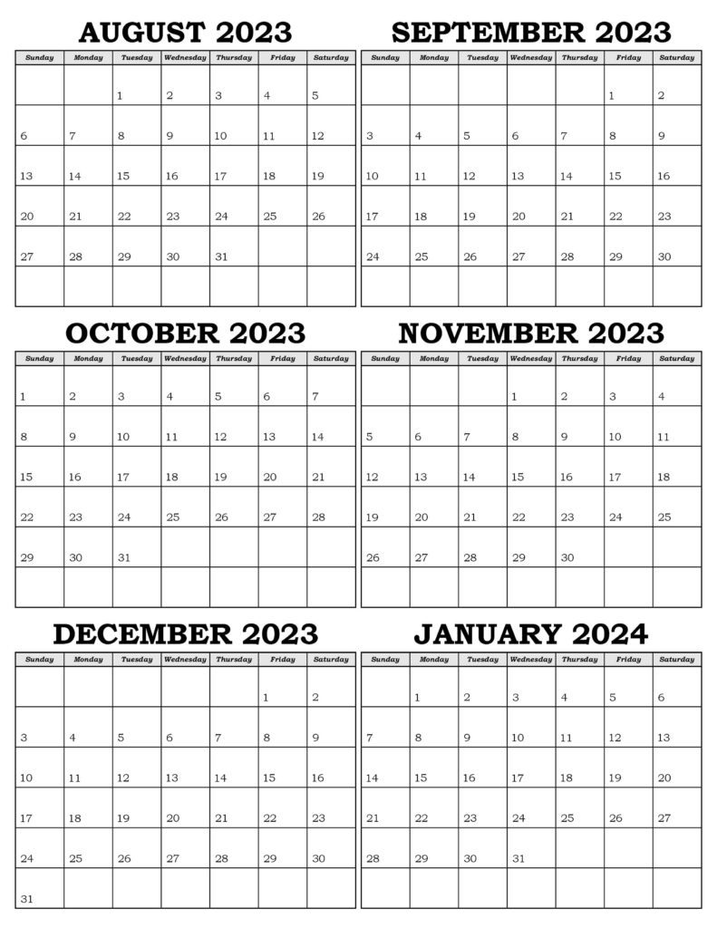 Calendar August 2023 to January 2024