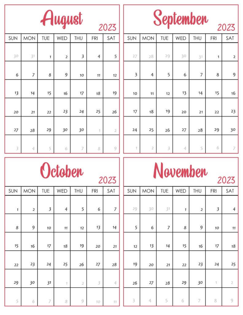 Calendar August to November 2023