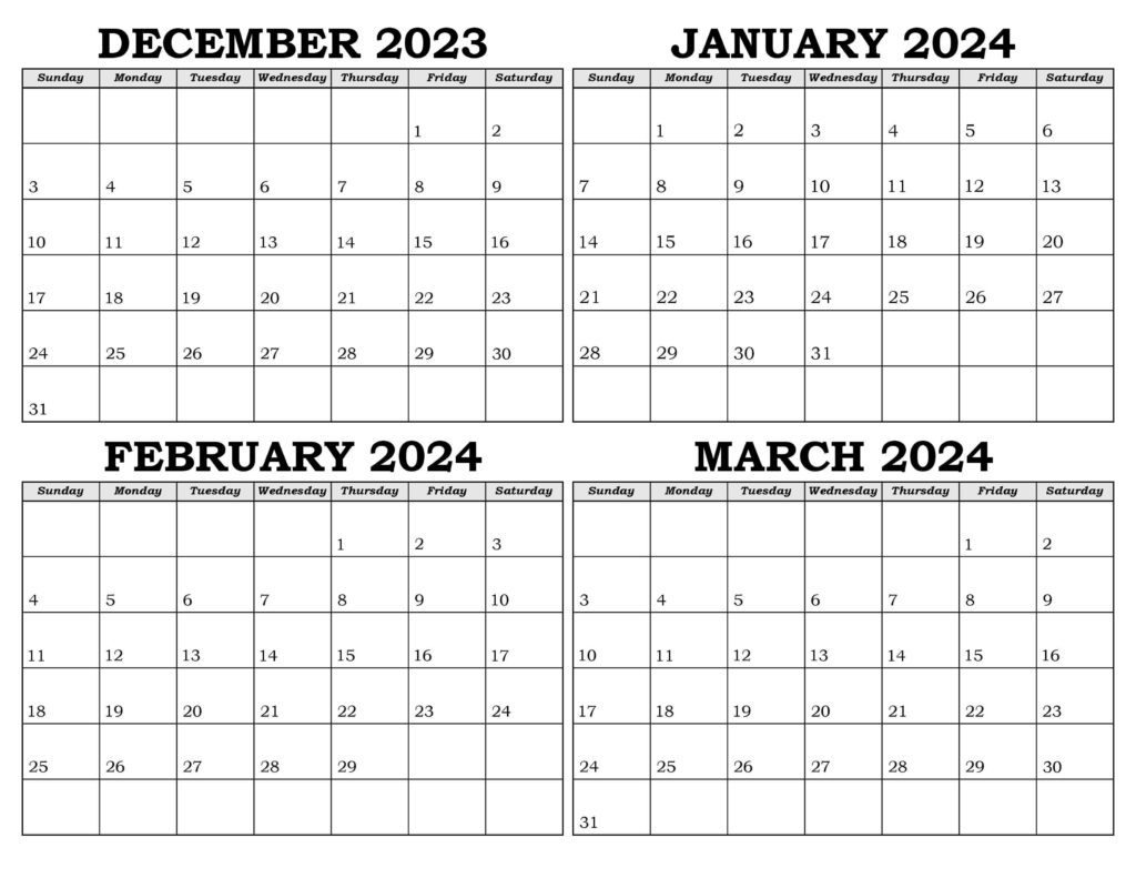Calendar December 2023 to March 2024