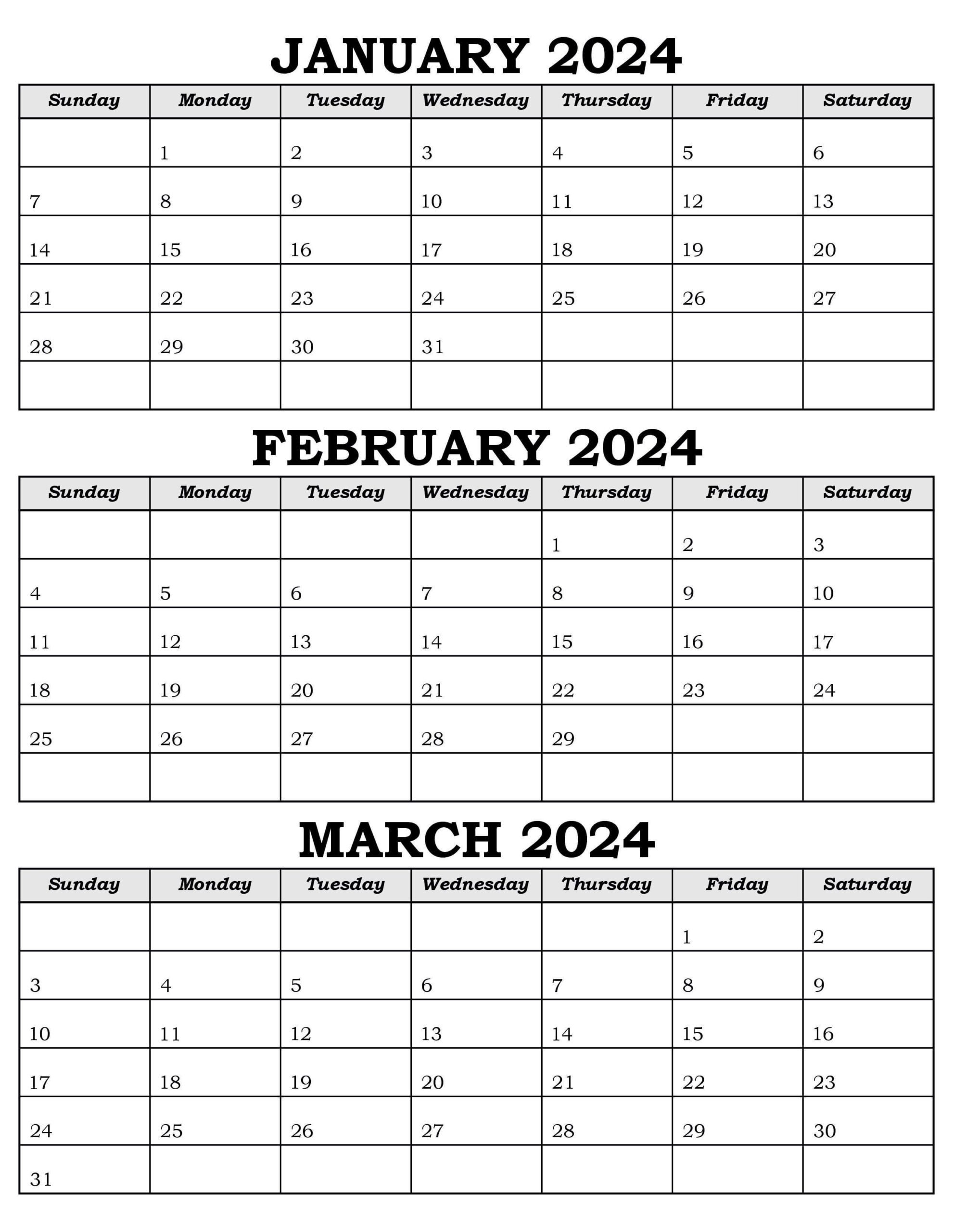 Calendar January February March 2024