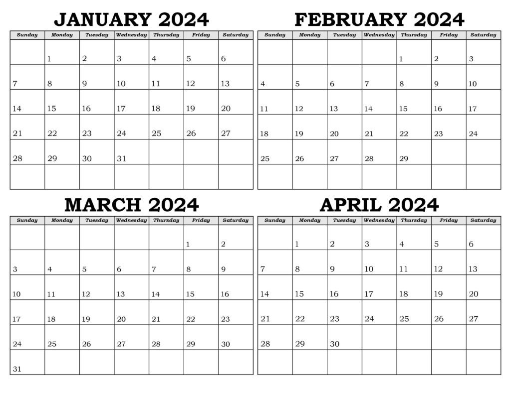 Calendar January to April 2024