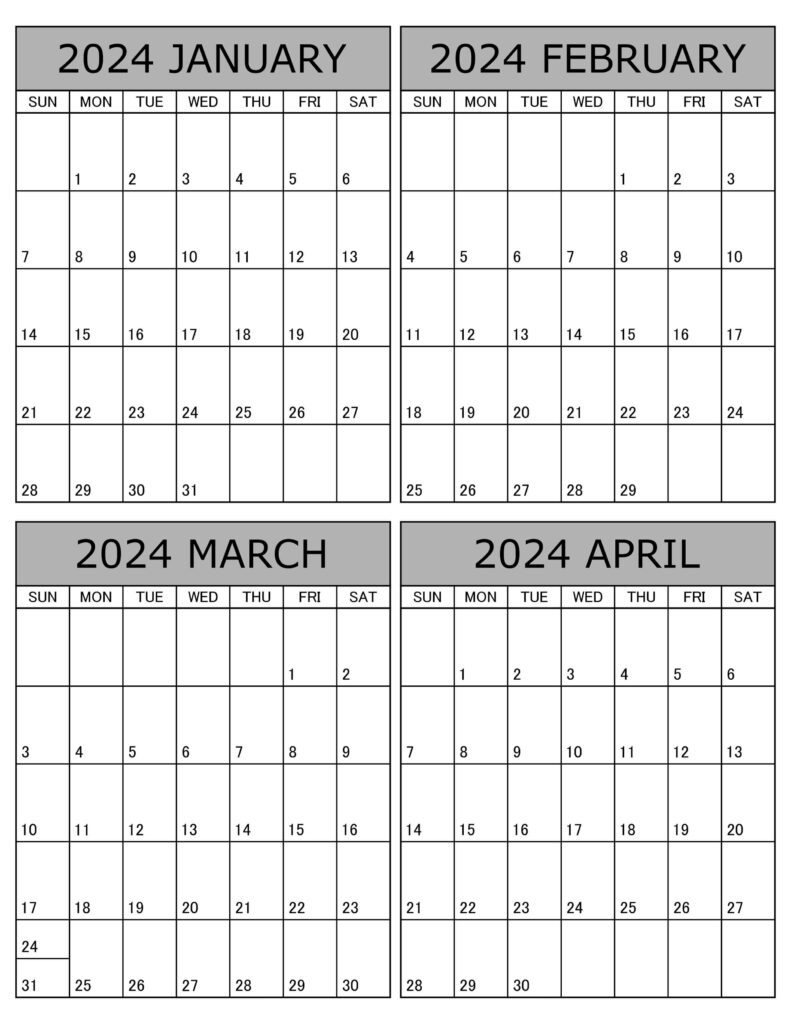 Calendar January to April 2024 Free