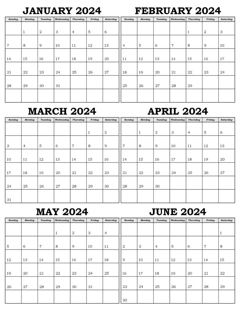 Calendar January to June 2024