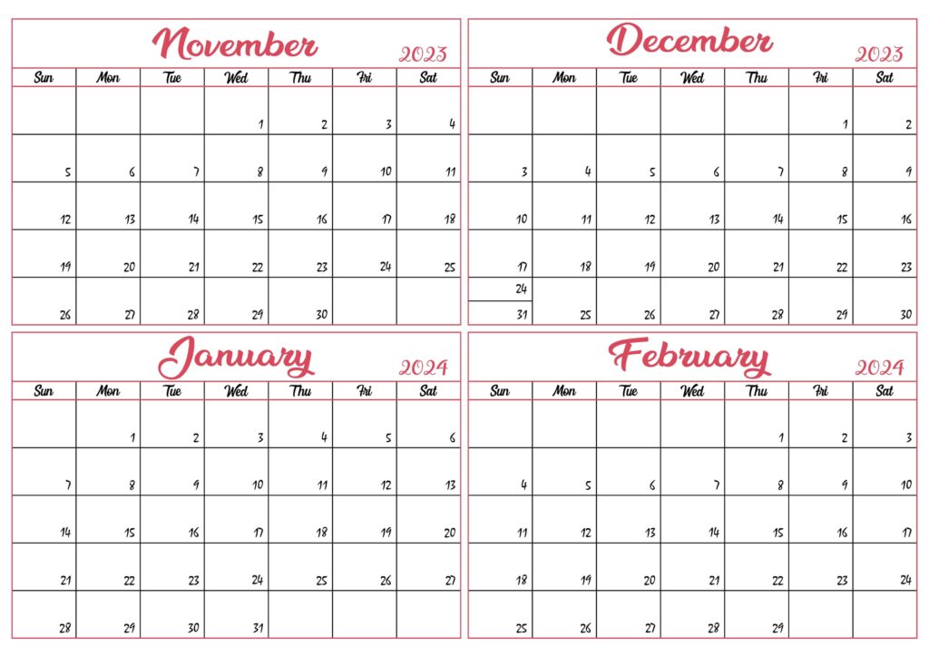 Calendar November 2023 to February 2024 Pemplate
